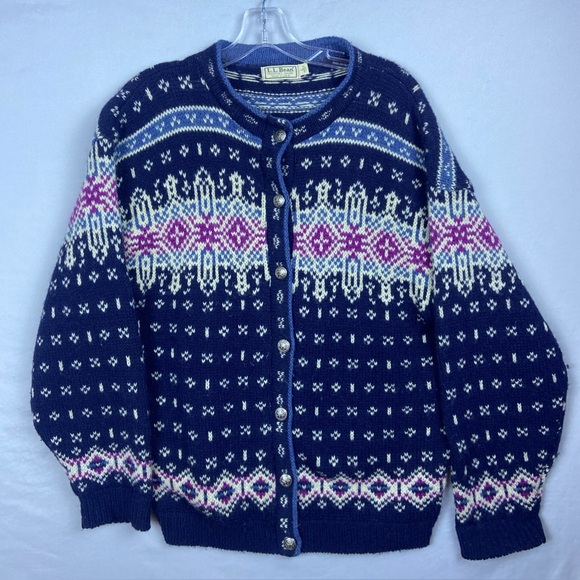 L.L. Bean Sweaters - Vintage LL Bean Sweater Women’s Large Wool Fair Isle Nordic Cardigan USA Made